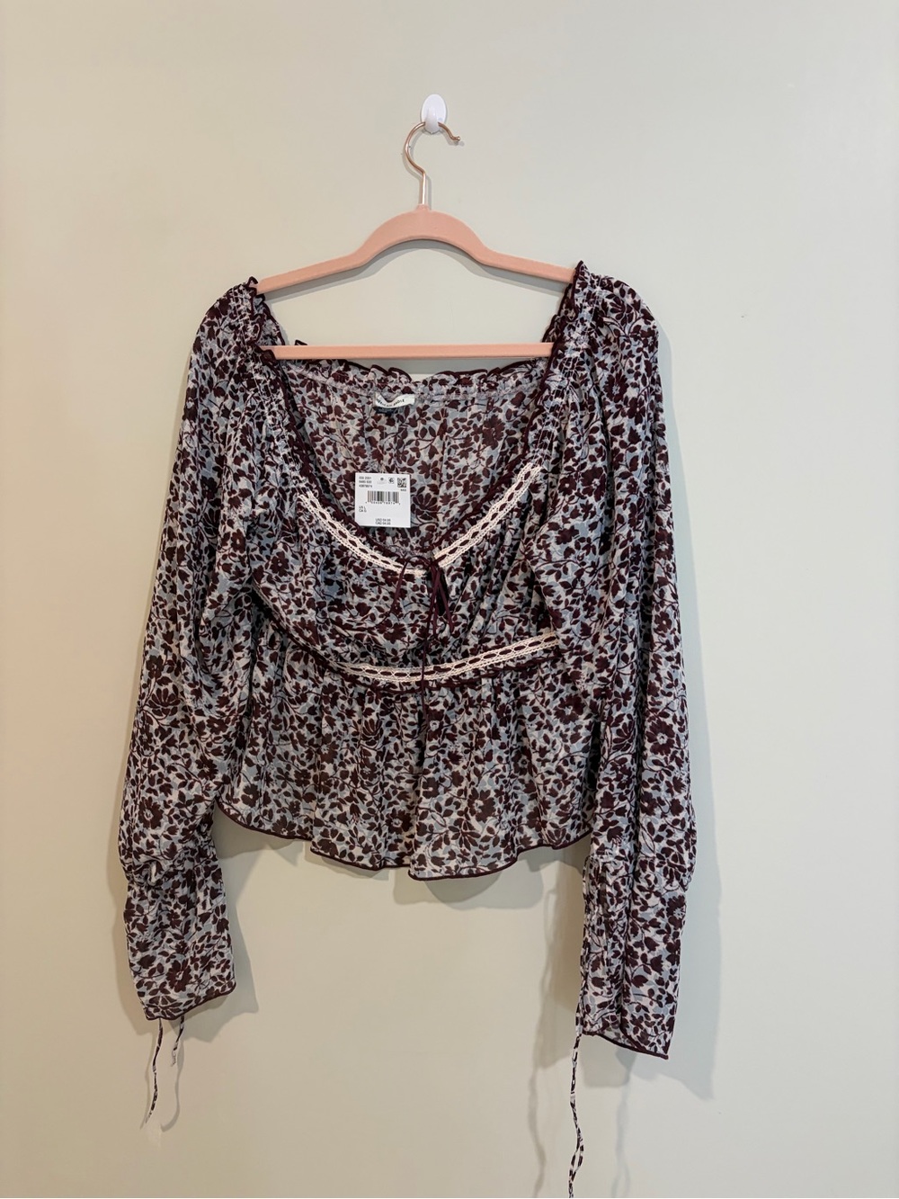 American Eagle Outfitters Burgundy Floral Peasant Blouse on White